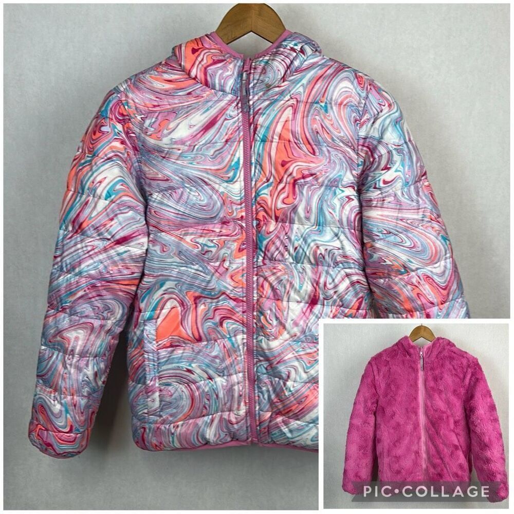 Lands' End Kids Girls Reversible Insulated Fleece Jacket Sz XL 14-16 Pink